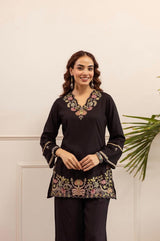 Women Pure Cotton V-Neck Embroidered Orange Co-Ord Set