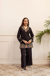 Women Pure Cotton V-Neck Embroidered Orange Co-Ord Set