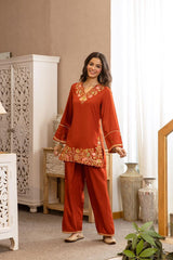 Women Pure Cotton V-Neck Embroidered Orange Co-Ord Set