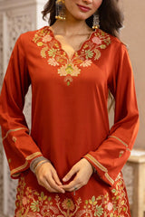 Women Pure Cotton V-Neck Embroidered Orange Co-Ord Set