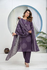 Women Heavy Cotton Kurti Pant Set with Dupatta | Hand Work Kurta Set