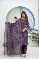Women Heavy Cotton Kurti Pant Set with Dupatta | Hand Work Kurta Set
