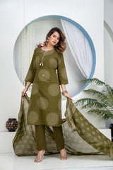 Women Heavy Cotton Kurti Pant Set with Dupatta | Hand Work Kurta Set