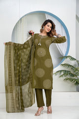 Women Heavy Cotton Kurti Pant Set with Dupatta | Hand Work Kurta Set
