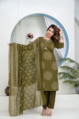 Women Heavy Cotton Kurti Pant Set with Dupatta | Hand Work Kurta Set