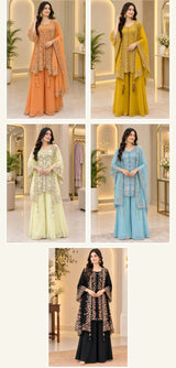 Sequin Embroidered Kurta Palazzo Set with Shrug for Women | Faux Georgette Party Wear Suit