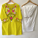 Women’s Cotton Farshi Salwar Suit Set with Handcrafted Floral Embroidery – Kurta with White Salwar