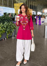 Women’s Cotton Farshi Salwar Suit Set with Handcrafted Floral Embroidery – Kurta with White Salwar
