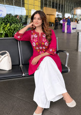 Women’s Cotton Farshi Salwar Suit Set with Handcrafted Floral Embroidery – Kurta with White Salwar