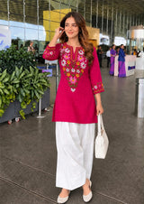 Women’s Cotton Farshi Salwar Suit Set with Handcrafted Floral Embroidery – Kurta with White Salwar