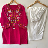 Women’s Cotton Farshi Salwar Suit Set with Handcrafted Floral Embroidery – Kurta with White Salwar