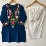 Women’s Cotton Farshi Salwar Suit Set with Handcrafted Floral Embroidery – Kurta with White Salwar