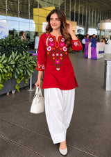 Women’s Red Floral Embroidered Cotton Kurti with White Farshi Salwar Set