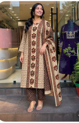 Women’s Cotton Printed Kurta Pant Dupatta Set with Floral Motifs & Sequence Adda Work