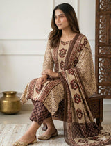 Women’s Cotton Printed Kurta Pant Dupatta Set with Floral Motifs & Sequence Adda Work