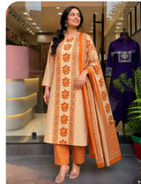 Women’s Cotton Printed Kurta Pant Dupatta Set with Floral Motifs & Sequence Adda Work