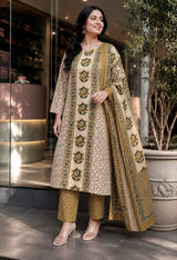 Women’s Cotton Printed Kurta Pant Dupatta Set with Floral Motifs & Sequence Adda Work