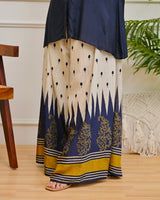 Women’s Pure Cotton Indo-Western Palazzo Set with Navy Blue Ikat Print & Embroidered Top