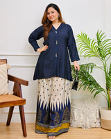 Women’s Pure Cotton Indo-Western Palazzo Set with Navy Blue Ikat Print & Embroidered Top