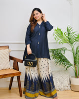 Women’s Pure Cotton Indo-Western Palazzo Set with Navy Blue Ikat Print & Embroidered Top
