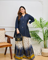 Women’s Pure Cotton Indo-Western Palazzo Set with Navy Blue Ikat Print & Embroidered Top