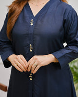 Women’s Pure Cotton Indo-Western Palazzo Set with Navy Blue Ikat Print & Embroidered Top
