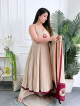 Women’s Cream Cotton Anarkali Kurta Pant Set with Lotus Embroidery & Mulmul Dupatta