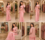 Women’s Pink Ready to Wear Chinon Saree with Embroidered Jacket & Stitched Blouse | Party Wear Saree Set