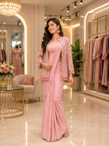 Women’s Pink Ready to Wear Chinon Saree with Embroidered Jacket & Stitched Blouse | Party Wear Saree Set