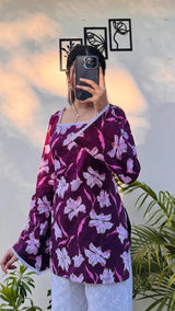 Women's Purple Floral Printed Rayon Short Kurti Top with Back Dori Work | Stylish Casual Wear