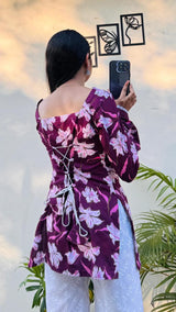 Women's Purple Floral Printed Rayon Short Kurti Top with Back Dori Work | Stylish Casual Wear