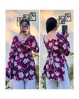 Wine Purple Floral Printed Kurti Top for Women | Pink Floral Long Kurta with Lace Detailing