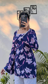 Navy Blue Floral Printed Kurti Top for Women | Pink Floral Long Kurta with Lace Detailing