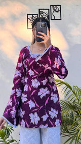 Women's Purple Floral Printed Rayon Short Kurti Top with Back Dori Work | Stylish Casual Wear
