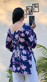 Navy Blue Floral Printed Kurti Top for Women | Pink Floral Long Kurta with Lace Detailing