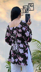 Black Floral Printed Kurti Top for Women | Pink Floral Square Neck Full Sleeve Dress