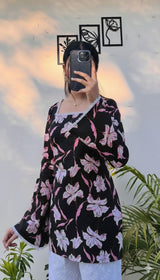 Black Floral Printed Kurti Top for Women | Pink Floral Square Neck Full Sleeve Dress