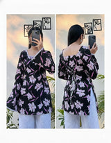 Black Floral Printed Kurti Top for Women | Pink Floral Square Neck Full Sleeve Dress