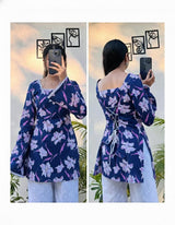 Navy Blue Floral Printed Kurti Top for Women | Pink Floral Long Kurta with Lace Detailing