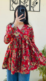 Red Floral Printed Long Top for Women | Multicolor Floral Rayon Gathered Kurti