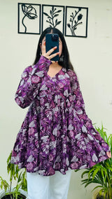 Purple Floral Printed Flared Kurti Top for Women | Stylish V-Neck Long Sleeve Ethnic Top