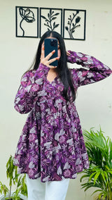 Purple Floral Printed Flared Kurti Top for Women | Stylish V-Neck Long Sleeve Ethnic Top