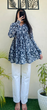 Navy Blue Floral Printed Kurti Top for Women | White Floral Long Sleeve Ethnic Top