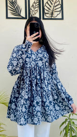Navy Blue Floral Printed Kurti Top for Women | White Floral Long Sleeve Ethnic Top