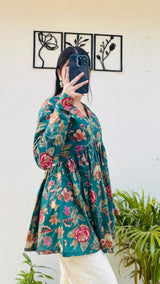 Green Floral Printed Anarkali Kurti Top for Women | Stylish Ethnic Wear Top