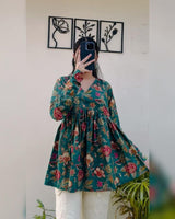 Green Floral Printed Anarkali Kurti Top for Women | Stylish Ethnic Wear Top
