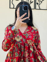 Red Floral Printed Long Top for Women | Multicolor Floral Rayon Gathered Kurti
