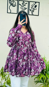 Purple Floral Printed Flared Kurti Top for Women | Stylish V-Neck Long Sleeve Ethnic Top