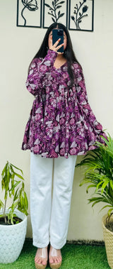 Purple Floral Printed Flared Kurti Top for Women | Stylish V-Neck Long Sleeve Ethnic Top