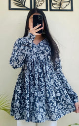 Navy Blue Floral Printed Kurti Top for Women | White Floral Long Sleeve Ethnic Top